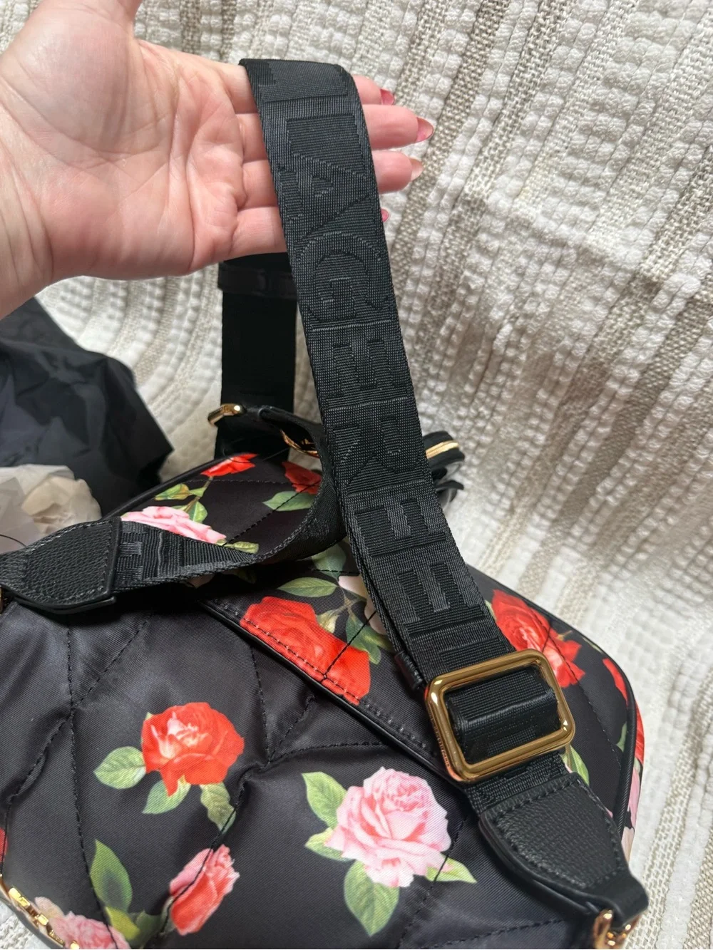Karl Lagerfeld Quilted Floral Bag - Black with Red, Pink & Cream Roses
